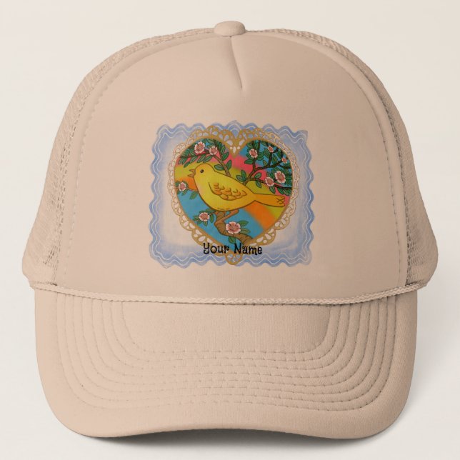 Casquette de grand-mère au coeur des oiseaux jaune (Devant)