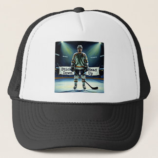 Casquette de hockey tête haute et bâton vers le ba