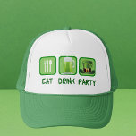 Casquette Dégustez la fête des boissons amusante St. Patrick<br><div class="desc">Un casquette cool du jour de St. Patrick avec les mots Eat Drink et Party à côté du symbole pour manger,  une tasse de bière verte,  et un casquette de la fête de St. Paddy's leprechaun.</div>
