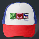 Casquette Démocrate Peace Love<br><div class="desc">Un beau cadeau pour un libéral. Un signe de paix, un coeur rouge et un âne démocrate bleu.</div>