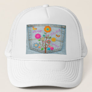 Casquette Denim Back Fleurs de poche Paix Aimer Espoir