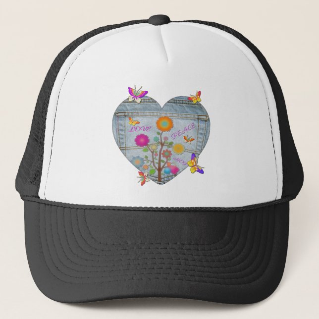Casquette Denim Pocket Fleurs cardiaques Papillons (Devant)