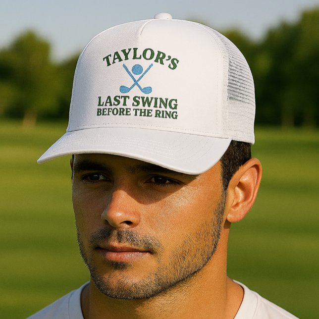 Casquette Dernier Tour de Swing avant le Golf Bachelor (Last Swing Before The Ring Golf Bachelor Trucker Hat
by Ricaso.  Fun for groom to be and his crew)