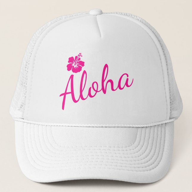 Casquette Design original en texte rose ALOHA et fleur (Devant)