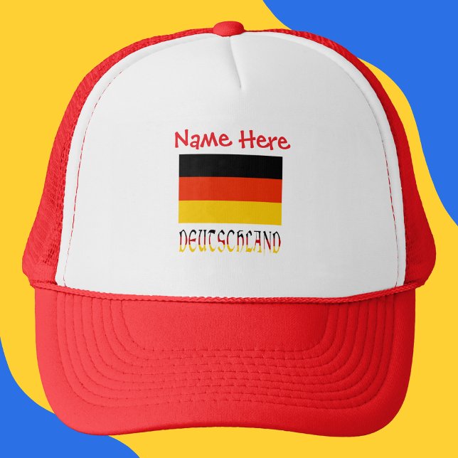 Casquette Deutschland German Flag Red Personalization  (Personalized trucker hat with German flag and the word DEUTSCHLAND below in flag colors.)