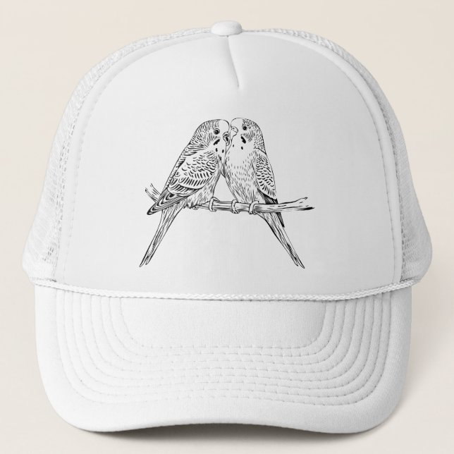Casquette Deux perruches perchées ensemble en noir et blanc (Devant)