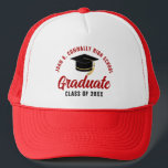 Casquette Diplômé rouge Personnalisé 2025 Graduation<br><div class="desc">Ces casquettes de deuxième cycle modernes rouges et personnalisés portent votre nom de lycée ou de collège pour la classe de 2025. Customisez avec votre année de graduation sous le script manuscrit chic et le casquette noir grad pour une grande fête de graduation personnalisée faveur cadeau.</div>