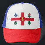 Casquette Drapeau de Montréal (Québec)<br><div class="desc">Chapeau de camion avec le drapeau de Montréal,  la ville la plus peuplée de la province de Québec,  Canada. Drapeau blanc avec croix rouge,  pin blanc,  fleur de lys bleu,  rose rouge de Lancaster,  shamrock et chardon</div>