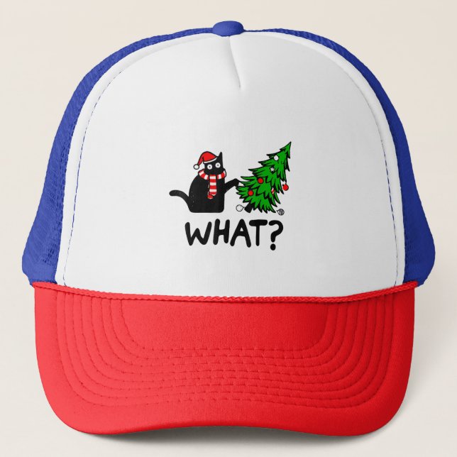 Casquette Drôle cadeau de chat noir Poussant l'arbre de Noël (Devant)