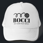Casquette Drôle italien bocci jeu de balle sport camionneur<br><div class="desc">Drôle bocci italien jeu de bocci de sport chapeau camionneur pour les joueurs et les fans. Personnalisez avec votre propre texte personnalisé ou une citation amusante. Idée cadeau d'anniversaire amusant pour les amis et la famille qui aiment jouer au bocce ball. Le jeu de bowling italien, semblable à des boules...</div>