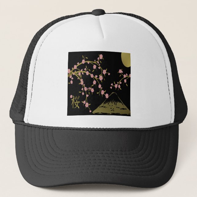 Casquette Écran Japonais Noir Or Sakura Rose (Devant)