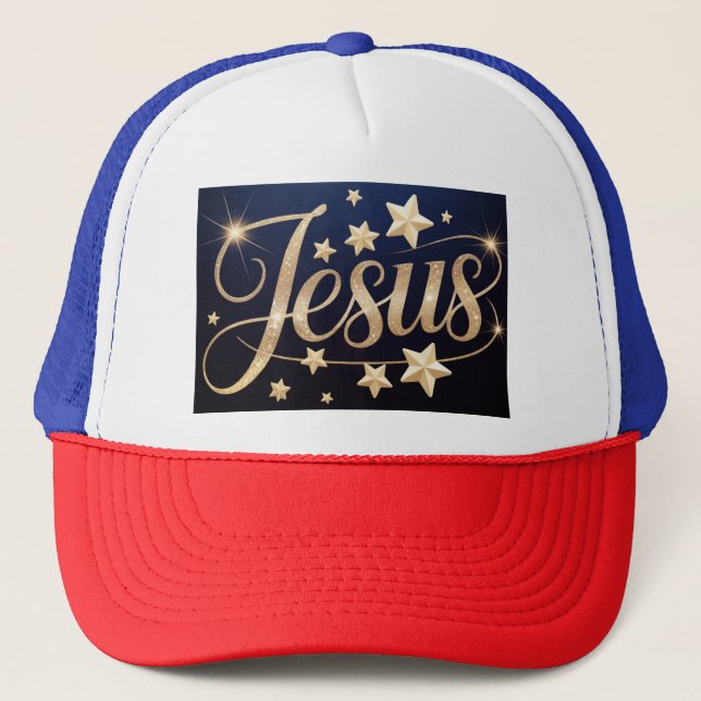 Casquette Écriture Jésus Or Bleu  (Devant)