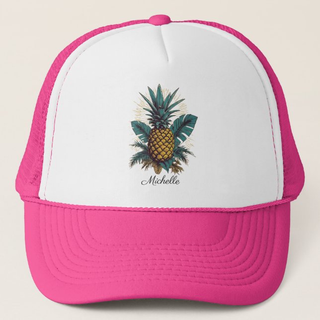 Casquette Élégant ananas tropical Nom personnalisé Rose (Devant)