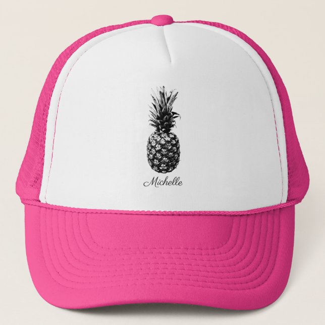 Casquette Élégant personnalisé tropical à l'ananas noir et b (Devant)