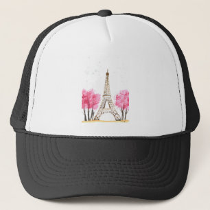Casquette Elégante aquarelle rose fleurs Eiffel tour Paris