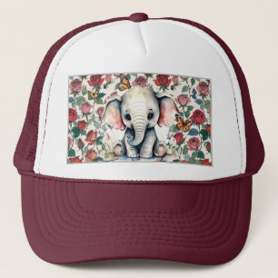 Casquette Eléphant Bébé mignon avec Roses et papillons