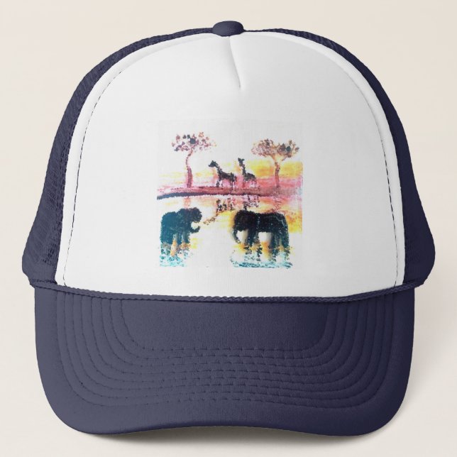 Casquette Elephant, Giraffe Safari Sunset Art (Devant)