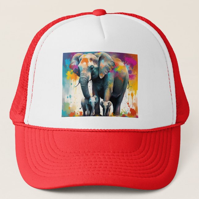 Casquette Eléphants De La Mère Et Du Bébé Couleur Splash, (Devant)