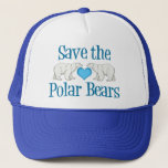 Casquette Enregistrer les ours polaires Bleu Bleu Bleu<br><div class="desc">Les activistes des animaux sauvages aimeront ce joli cadeau d'ours blanc et bleu polaire. Ce casquette présente deux magnifiques ours polaires se déplaçant vers l'autre avec un joli coeur bleu au centre avec Save the Polar Bears écrit en bleu hiver sur un casquette bleu.</div>