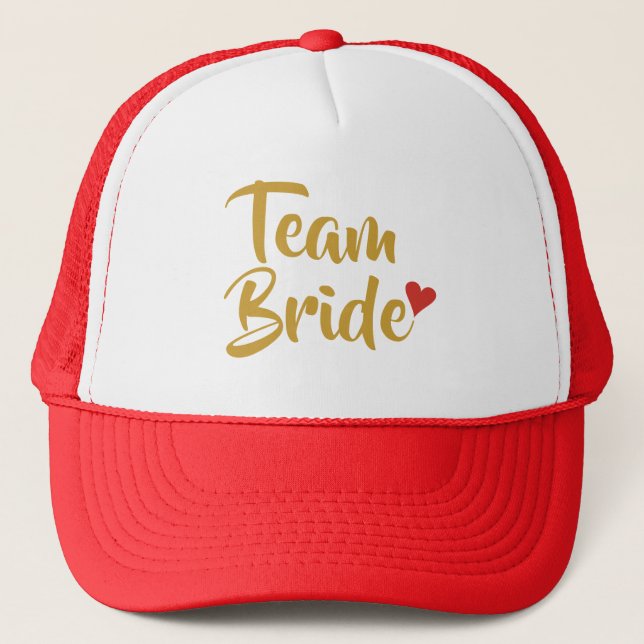 Casquette Équipe de mariée écriture dorée Cœur d'amour rouge (Devant)