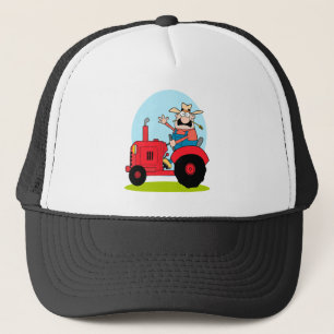 Casquette fermier à dessin animé sur un tracteur rouge