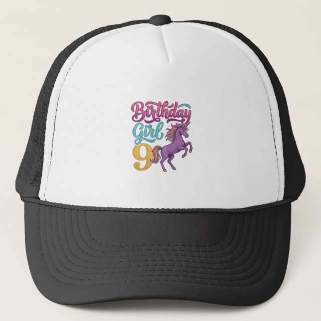 Casquette Fille d'anniversaire 9 Licorne Dessin de gravure v (Devant)