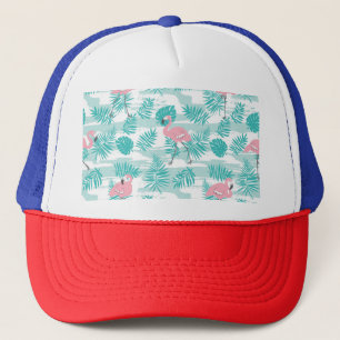 Casquette flamants roses, feuilles de palmiers verts, tropic