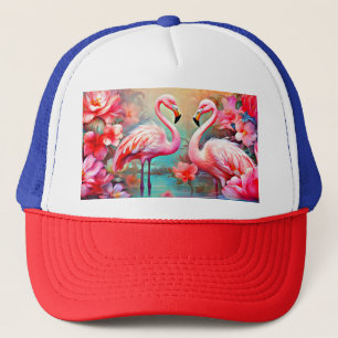 Casquette Flamants roses roses dans un lac avec fleurs-20231