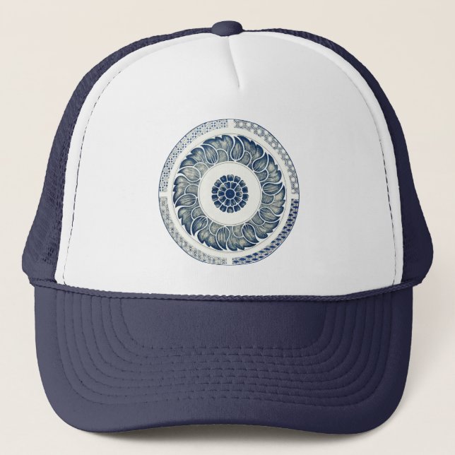 Casquette Fleur Bleue Blanche Chinoise Ronde (Devant)