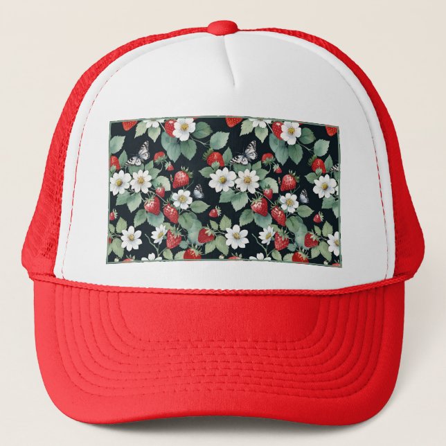 Casquette Fleur de fraise sur le noir (Devant)