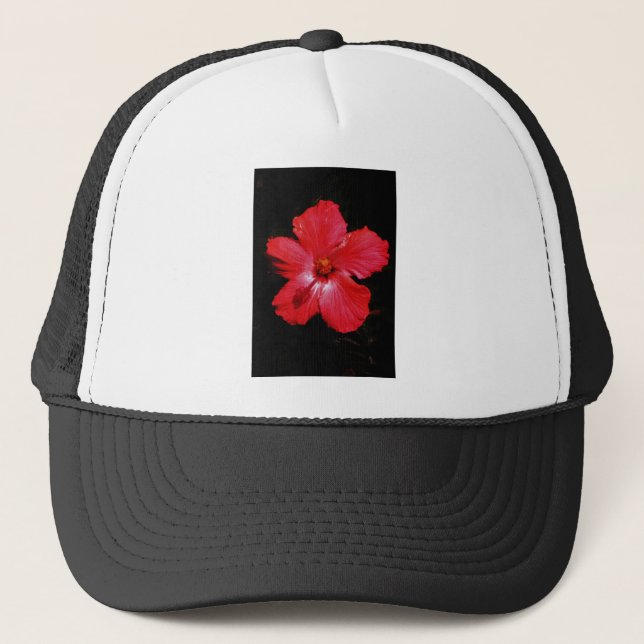 Casquette Fleur d'Hibiscus rouge rose chaud sur noir (Devant)