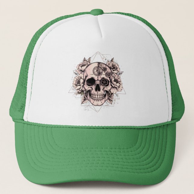 Casquette « Fleur mécanique » – Crâne gothique à engrenage f (Devant)