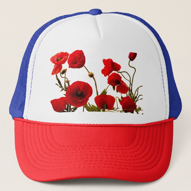 Casquette Fleurs de pavot Aquarelle Florale Rouge Bleu Blanc (Devant)