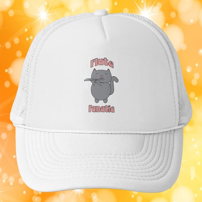Casquette Flûte Fanatique Gris Chat Rose (A hat with a cute gray cat playing the flute and the words flute fanatic in pink.)
