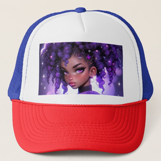 Casquette Galaxie violette fille avec cheveux bouclés (Devant)