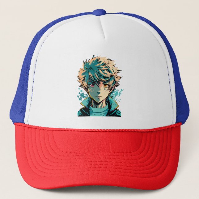 Casquette Garçon d'anime : Cheveux dorés, Yeux roses et doré (Devant)