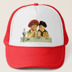 Casquette Garçon et fille vintage partageant un shake