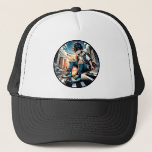 Casquette Garçon Pop Art sur skateboard en ville 