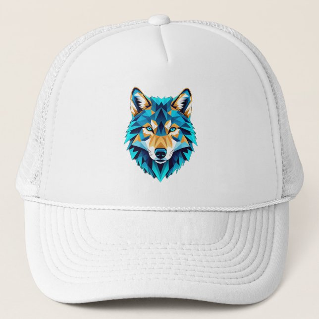 Casquette Geometric Wolf Head – Neon Blue Low Poly Animal Ar (Devant)