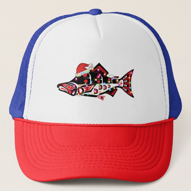 Casquette Haida Esprit Saumon Animal avec lumières de Noël (Devant)