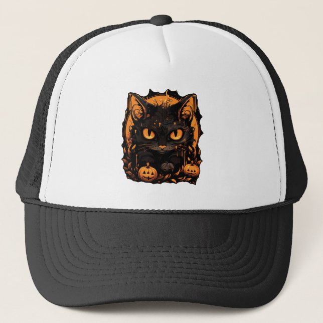Casquette Halloween enchanté : Chat noir parmi les citrouill (Devant)