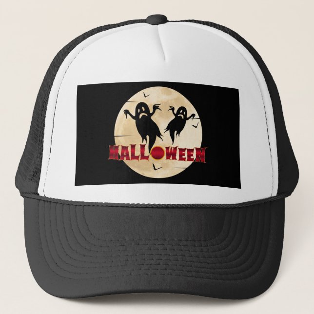 Casquette Halloween Lune Silhouette Fantômes chauves-souris (Devant)