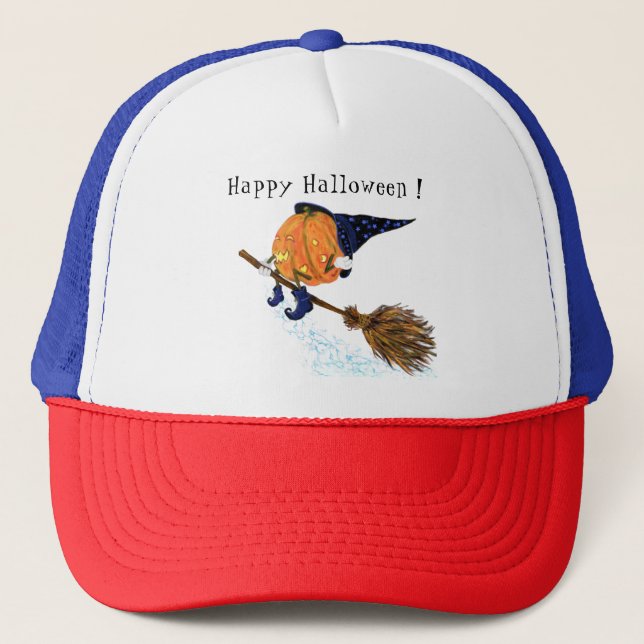 Casquette Halloween Trucker Hat Witch Citrouille Volant Broo (Devant)