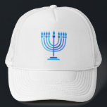 Casquette Hanukkiah Happy Hanoukka Juive Fête Menorah<br><div class="desc">Symbole de Hanukkiah. Joyeux Hanoukka Party Juif Holiday Blue Menorah. Décoration Chanukkah de Fête Juive avec le symbole décoratif traditionnel Chanuka - bleu marine hanukkiah menorah, chandelier avec bougies, étoile de David et néon bleu lumières illustration. Hanoukka Festival des lumières Décoration de l'événement. Jérusalem, Israël. Accessoires > Casquettes et accessoires...</div>