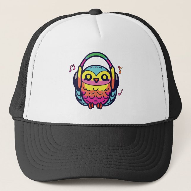 Casquette Happy Owl avec écouteurs écoutant de la musique. (Devant)