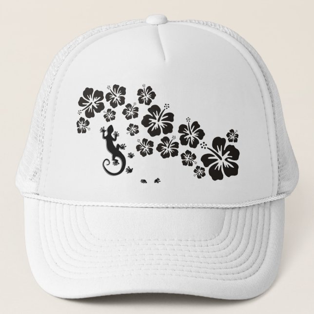 Casquette hibiscus blooms in black with Gecko (Devant)