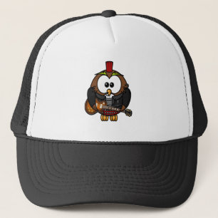 Casquette hibou blanc et brun jouant une guitare avec casque