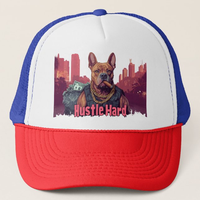 Casquette Hustle Hard - Pitbull Chien avec de l'argent et Ci (Devant)