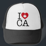 Casquette I Love CA | I Love Canada Custom Trucker Chapeau<br><div class="desc">Faites savoir à tout le monde à quel point vous aimez le Canada avec ce casquette "I Love CA" avec typographie rétro et accent de coeur de feuille d'érable. La meilleure façon de montrer votre fierté et votre amour pour le Canada. D'autres pays,  États,  provinces et villes sont disponibles.</div>