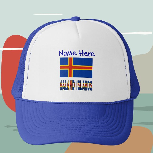 Casquette Îles Aaland Ålander Drapeau Bleu Personnalisation (Personalized trucker hat with the Ålander flag and the words AALAND ISLANDS below.)